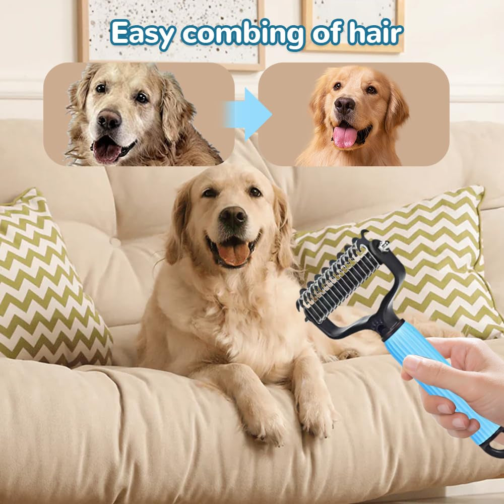 Upgraded Pet Safe Dematting Comb for Dogs Cats Deshedding Undercoat Rake with Double-Sided Stainless Steel Teeth Dogs Cats Grooming Brush for Detangling Thinning Shedding