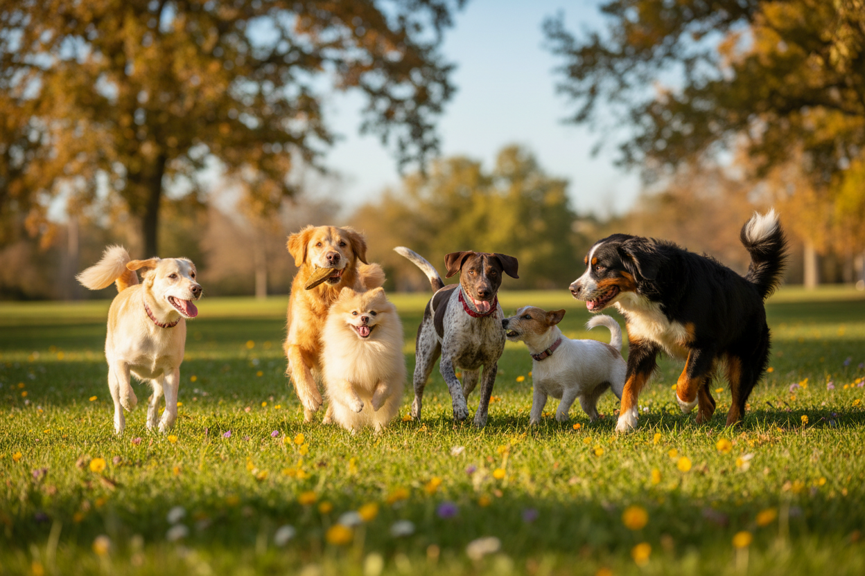 5 perros de diferentes razas con Pomerania