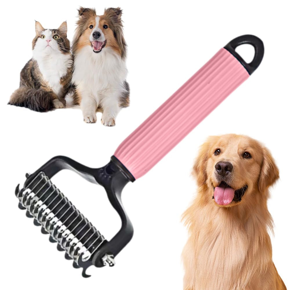 Upgraded Pet Safe Dematting Comb for Dogs Cats Deshedding Undercoat Rake with Double-Sided Stainless Steel Teeth Dogs Cats Grooming Brush for Detangling Thinning Shedding