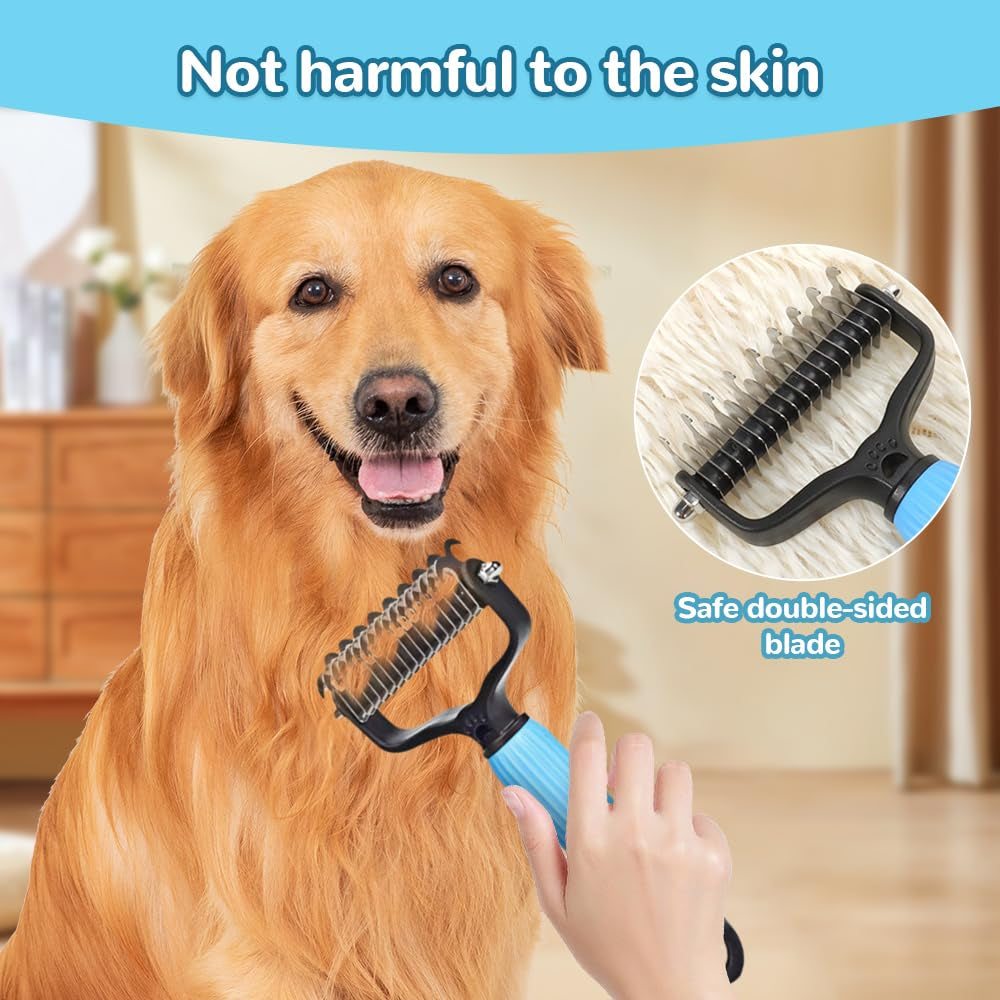 Upgraded Pet Safe Dematting Comb for Dogs Cats Deshedding Undercoat Rake with Double-Sided Stainless Steel Teeth Dogs Cats Grooming Brush for Detangling Thinning Shedding